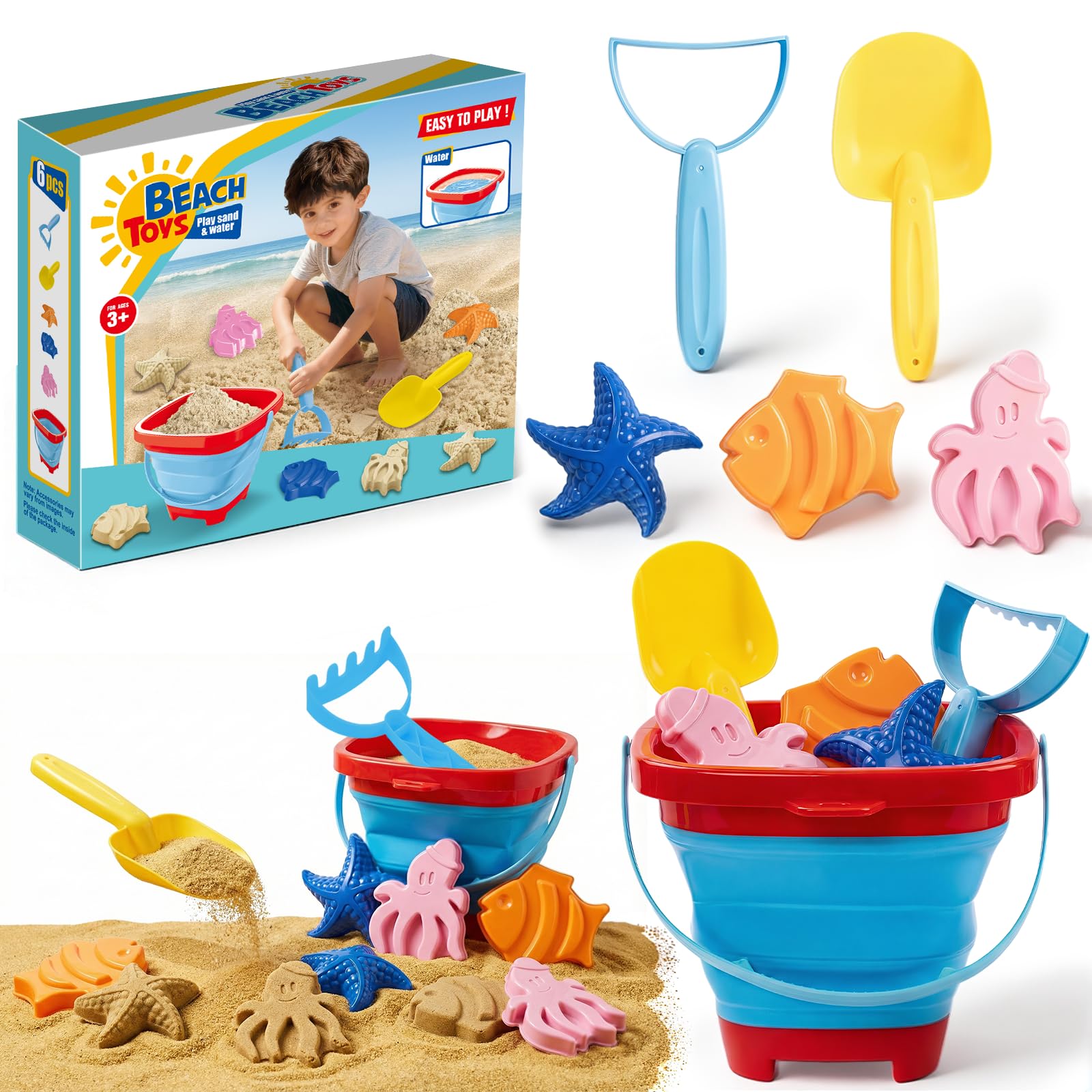 Beach Toy Set for Children, Including 1 Collapsible Sand Bucket, Shovel, Rake, 3 Sand Moulds and Mesh Storage Bag, Sand Toys for Toddlers Aged 3–10 (Colours May Vary)
