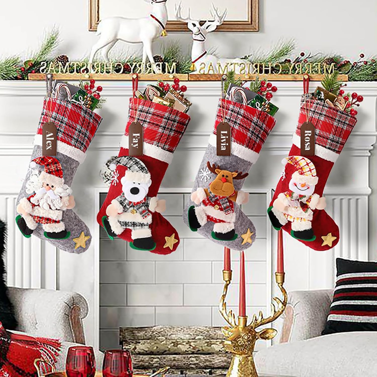 Stockings & Holders - Ryoizen Christmas Stockings 4 Pack,16'' Xmas Stockings with Snowman Beer Deer Santa and Plush Faux Fur Cuff Stockings for Stairs Fireplace Hanging Home Party Family Holiday Decor