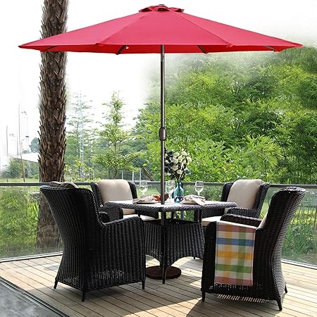 Amazon Com Aok Garden 9 Ft Patio Umbrella With Solar Lights Outdoor 32 Led Table Umbrella 8 Ribs With Push Button Tilt And Crank For Market Deck Backyard And Pool Red Garden Outdoor