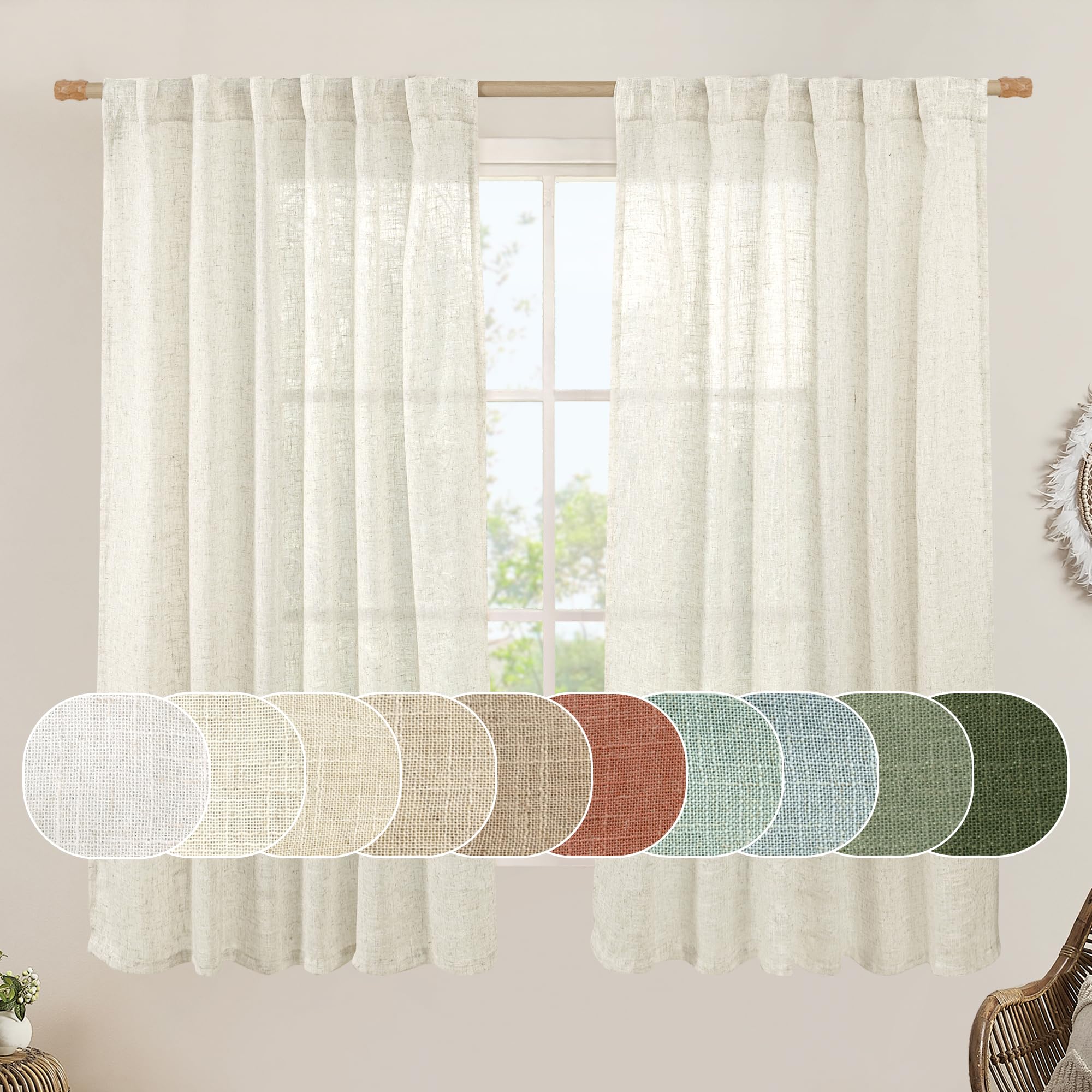 Photo 1 of LAMIT Semi Sheer Linen Window Curtains 63 Inch Length, Light Filtering Neutral Curtain Panels Farmhouse Back Tab and Rod Pocket Drapes for Bedroom, Cream Ivory, 2 Panels, 52 x 63 Inch