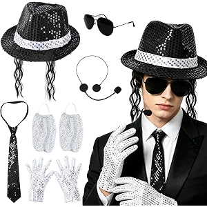 MORTICIA 6PCS Sequin Performance Accessory Set | Fedora Hat, White Gloves, Tie, Sunglasses, Fake Microphone & Leg Decorations