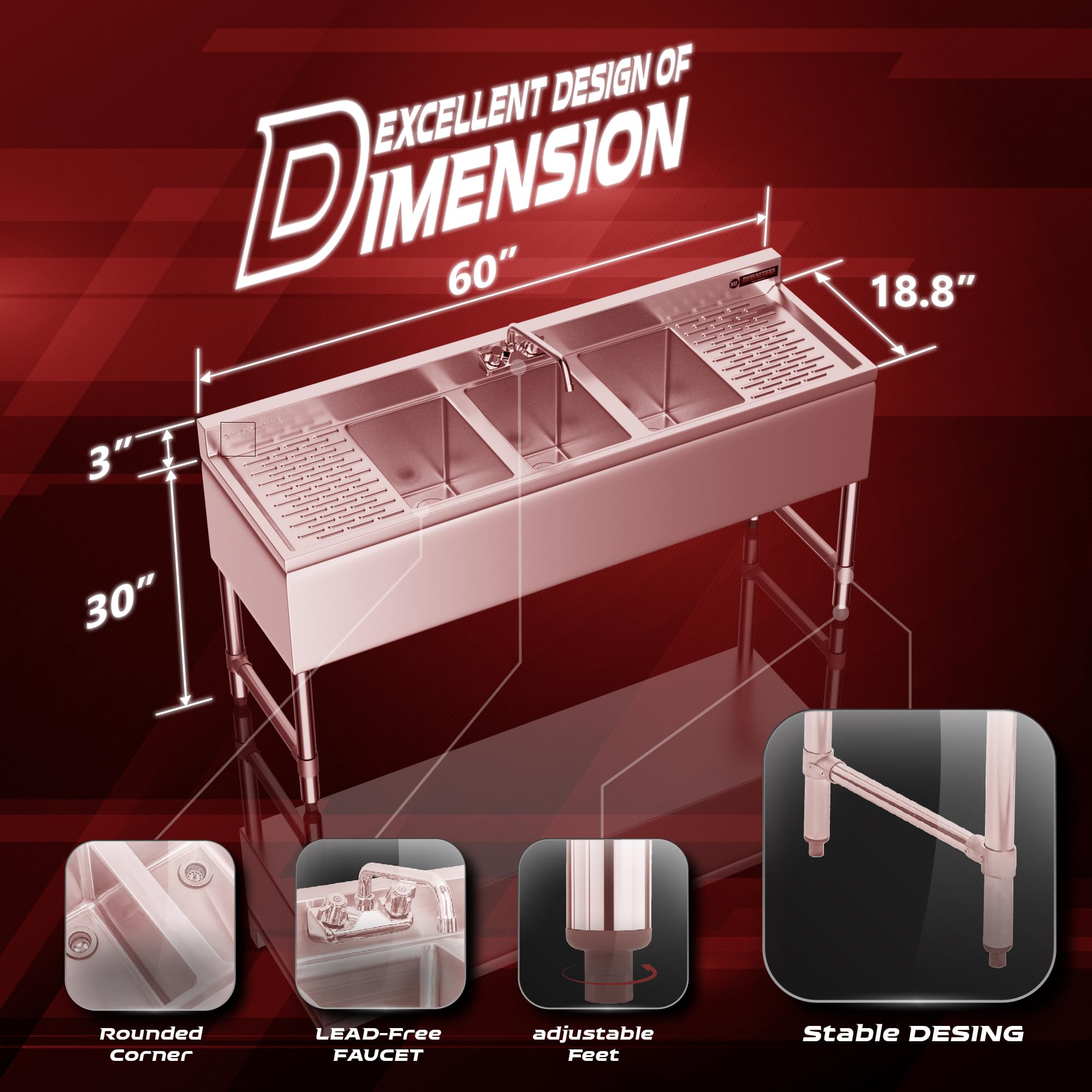 DuraSteel 3 Compartment Underbar Sink 10" L X 14" W X 10" D Commercial Bar Sink W/ No Lead