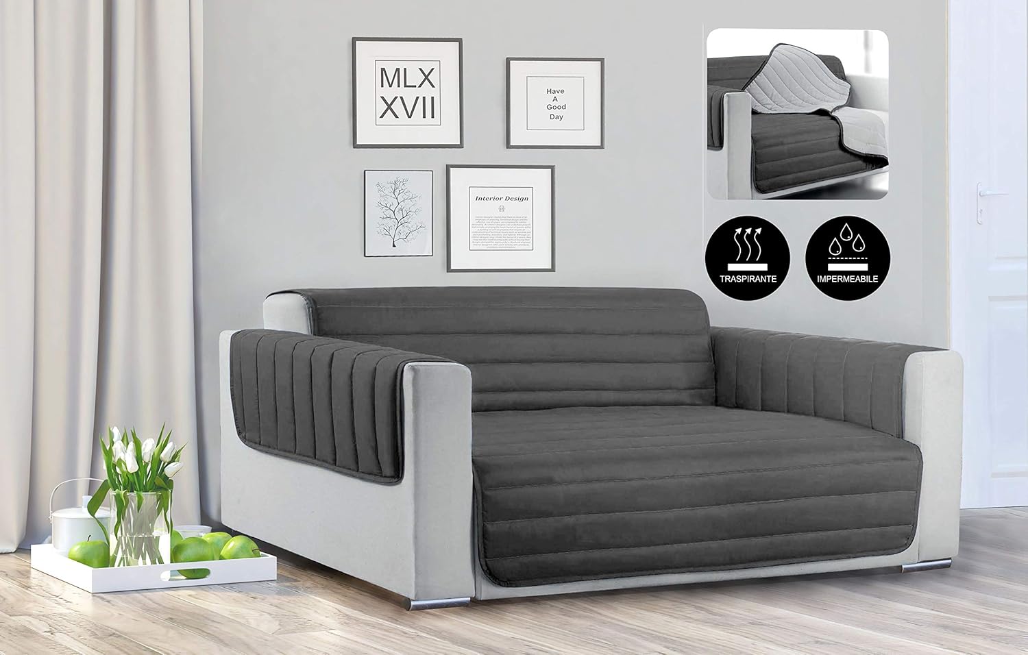 Italian Bed Linen Sogni e Capricci Waterproof Trendy Quilted Sofa Cover Dark Light Grey, 2 Places