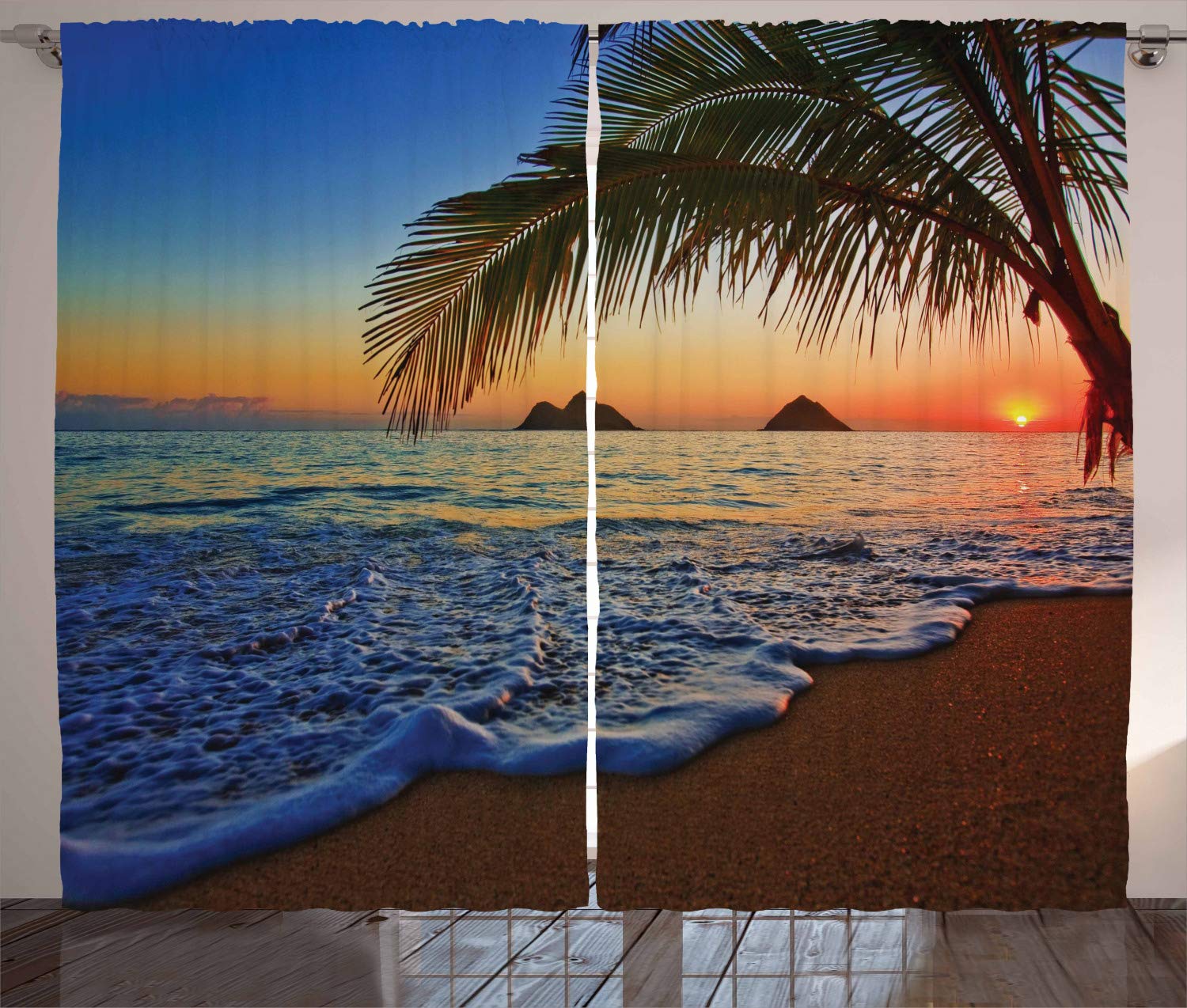 ABAKUHAUS Hawaiian Curtains, Pacific Sunrise at Lanikai Beach Hawaii Colorful Sky Wavy Ocean Surface Scene, Living Room Bedroom Window Drapes 2 Panel Set, 280 x 260 cm, Pale Caramel Blue