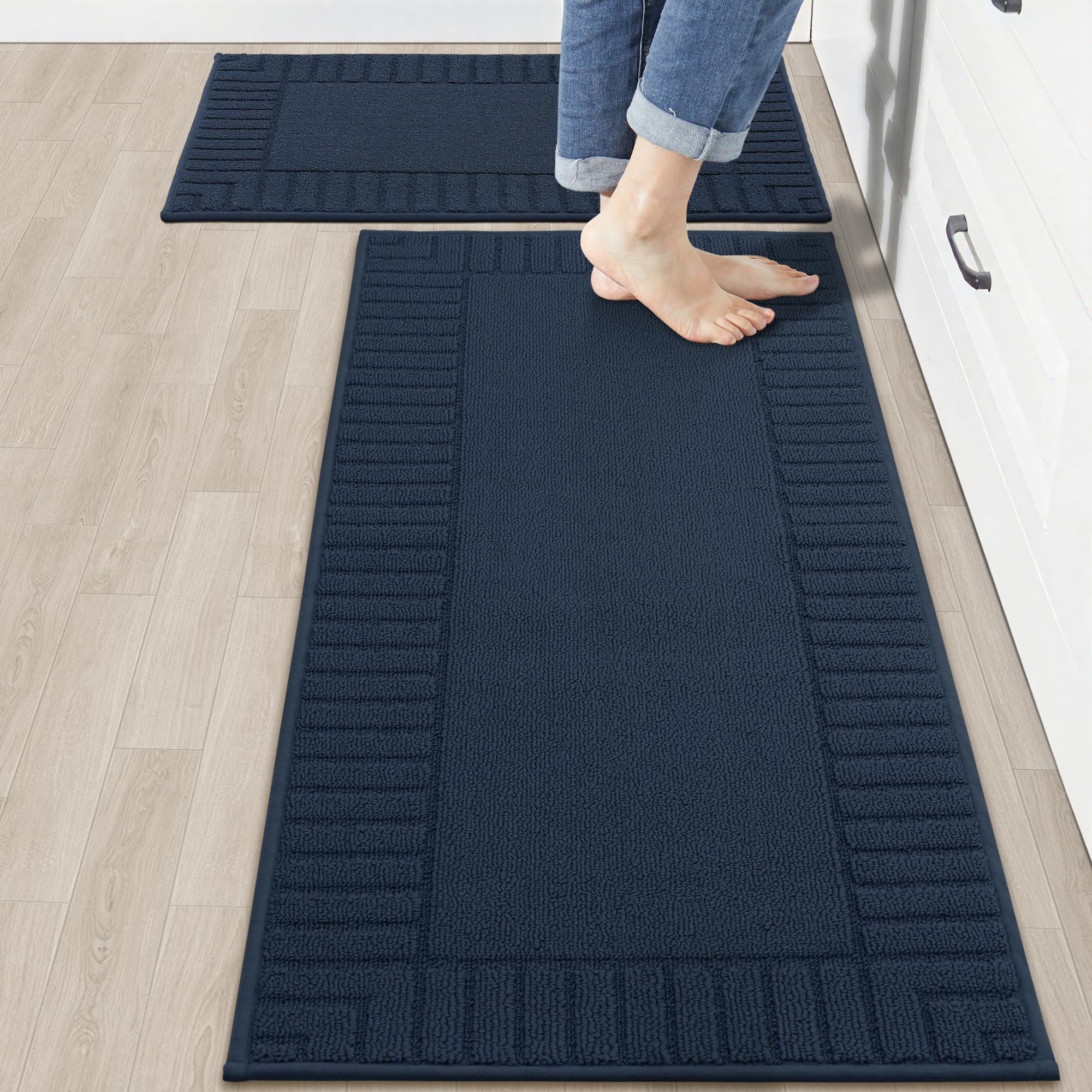 BEQHAUSE Kitchen Rugs Washable Kitchen Mats Floor Non-Slip Kitchen Mats Absorbent Kitchen Runner with TPR Non Skid Backing,Set of 2(50X76cm+50X122cm,Blue)