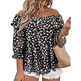 Siddhe Womens Plus Size Tops 3/4 Sleeve off the Shoulder Dressy Casual Curvy Shirts Ruffle Chiffon Blouses Crew Neck Tunic