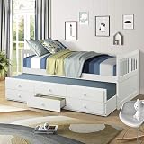 Solid Wood Twin Daybed with Trundle, Wood Platform Captain Bed Frame with 3 Storage Drawers for Kids Guests, Easy Assembly, No Box Spring Needed (White)