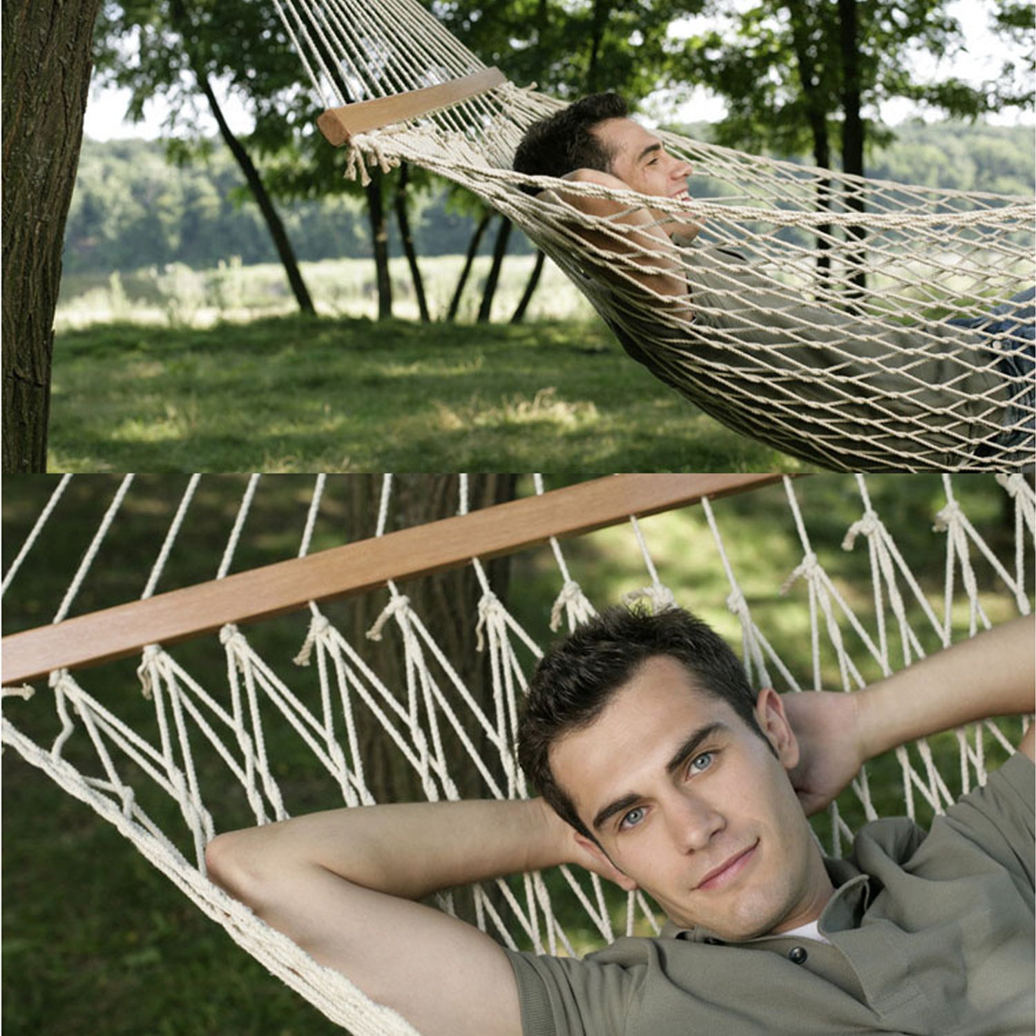 Opino Beige Cotton Rope Hammock, Hollow Out Double Wide Wood Hanging Tree Hammock Garden Patio Yard(US Stock)