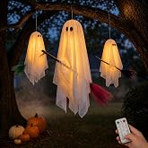 Halloween Decorations Outdoor, 3 Pack Hanging Light Up Ghosts on Brooms | Lighted Flying Ghost Family Decor, Floating Gauze Ghost for Tree, Porch, Yard, Patio, Indoor Halloween Decorations
