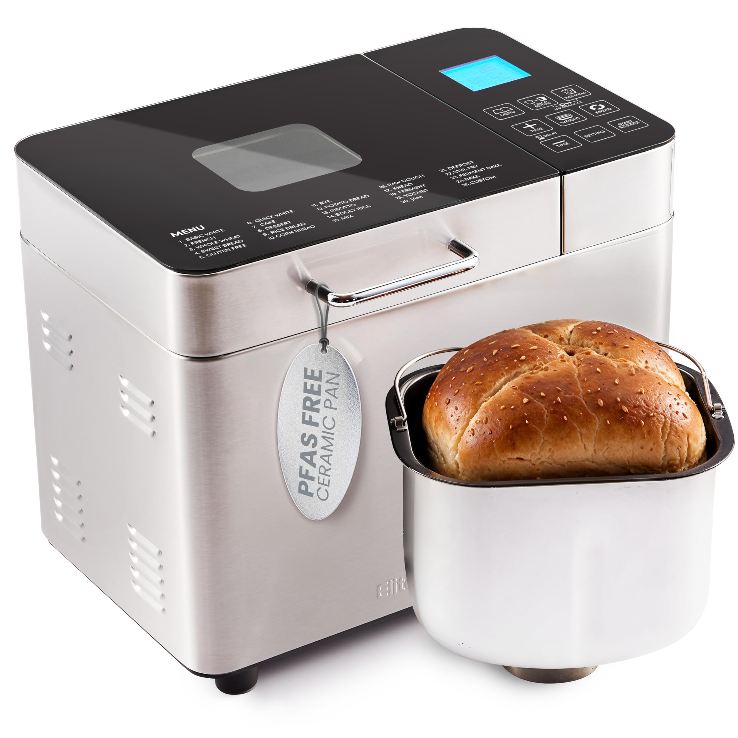 Photo 1 of Elite Gourmet EBM8224MM Programmable 2 Lb. Bread Maker, PFAS free Ceralast™ Ceramic Pan, Touch Screen Control Panel, 19-Functions, Gluten Free, White, Wheat, Rye & more, 3 Loaf Sizes, Stainless Steel