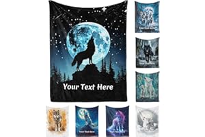 Customizable Blanket Moon Wolf, Add Your Text or Name Personalized Soft Blankets, Gift for Her Him Mom Dad, Warm Cozy Throw f