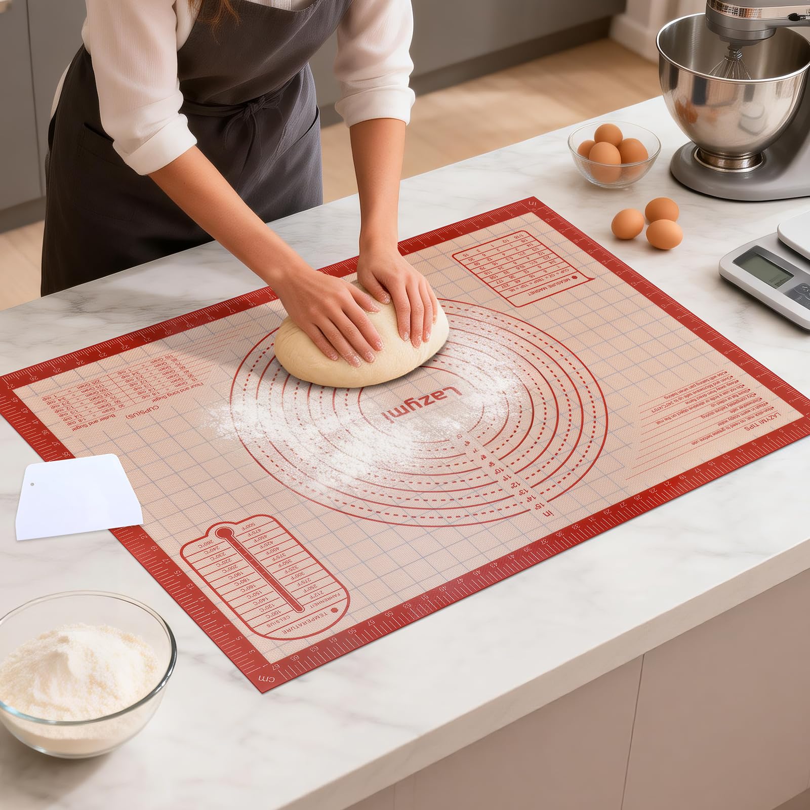 Extra Large & Thick Silicone Baking Mat 71×51 cm, Non Stick Pastry Rolling Sheet with Measurement, Non-Slip Silicon Dough kneading Board, Counter Table Mat, Placemat, for Pie/Cake/Pizza (Red+Scraper)