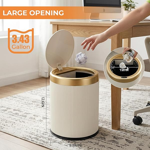 PUKOMC BATHROOM TRASH CAN WITH LID,3.5 GALLON MOTION SENSOR WATERPROOF TOUCHLESS GARBAGE CAN, SMART PLASTIC TRASH BINS SUITABLE FOR KITCHEN, BATHROOM, BEDROOM, LIVING ROOM, OFFICE BEIGE