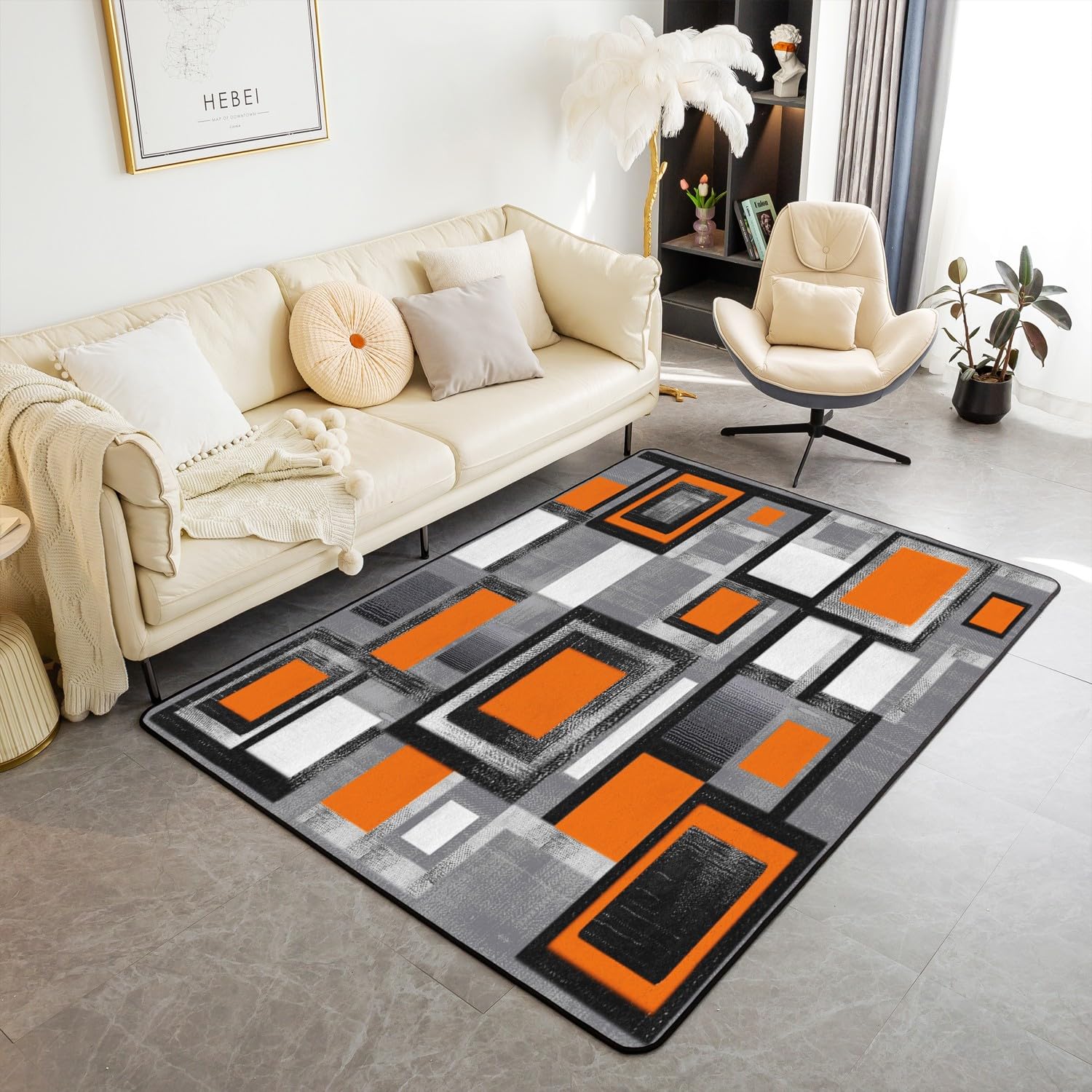 Loussiesd Geometric Living Room Rugs Area Rug 150x200cmOrange Grey Black Accent Rug for Buffalo Check Indoor Floor Mat Non-slip Modern Abstract Art Rug