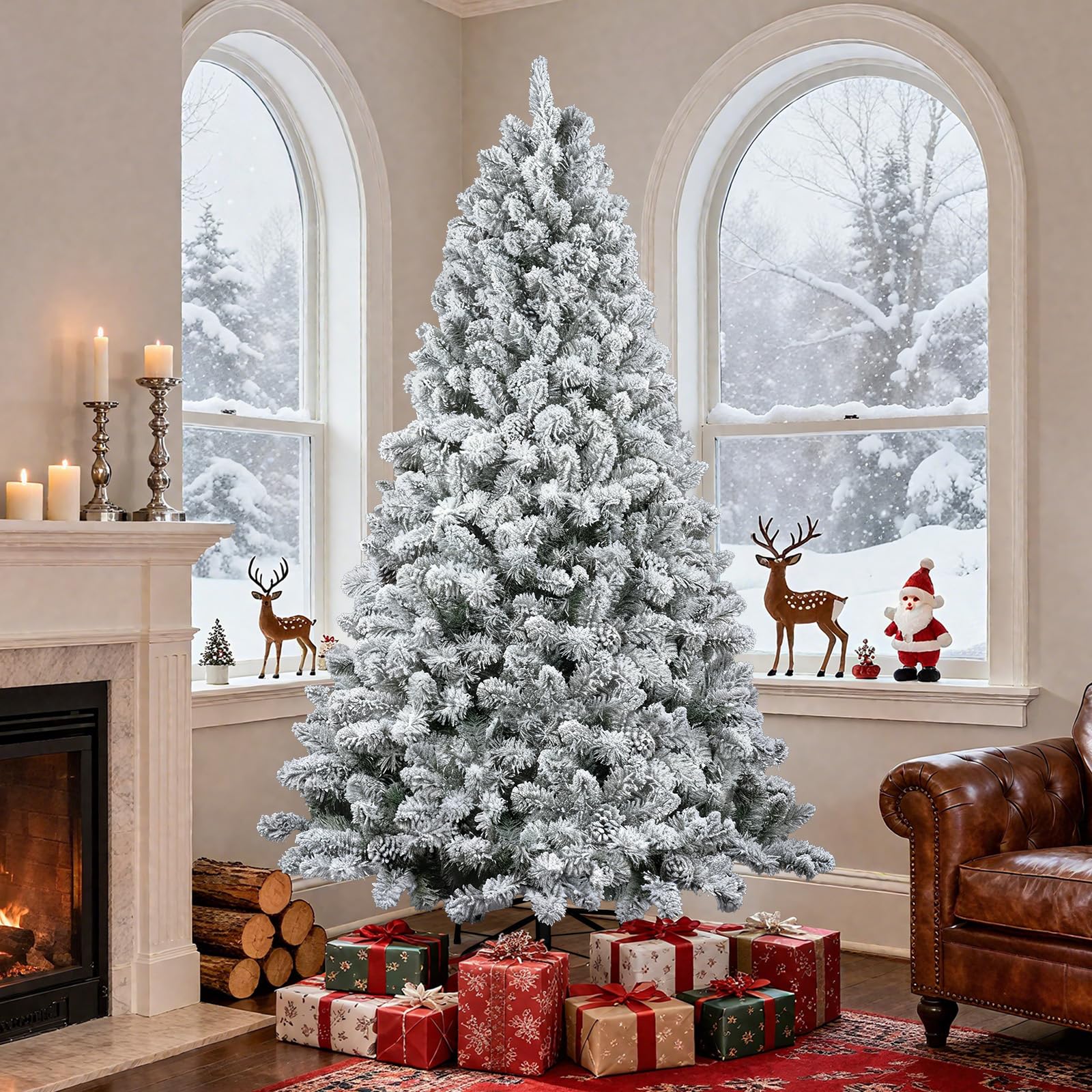 Photo 1 of 7FT Snow Flocked Artificial Full Christmas Tree, Unlit Pine Christmas Tree with 760 Branch Tips and Foldable Base, Hinged Holiday Tree for Home, Party Decoration (Unlit Green-White, 7FT)