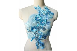 JINMOMOMO Red Blue 3D Flower Lace Fabric Patches Sequin Embroidered Gown Appliques Collar Tulle Mesh Sew Patch for Clothing Wedding Dress Decor (Lake Blue)