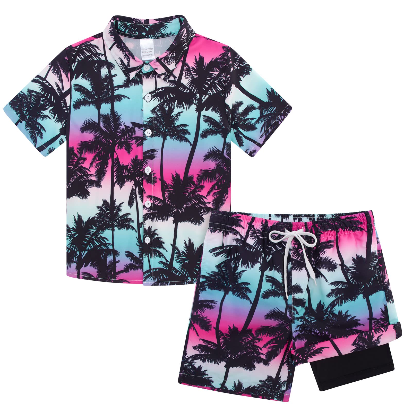Photo 1 of **2 PAIRS OF BOTTOMS NO TOP** UNICOMIDEA Hawaiian Outfits Boys Button Down Shirts and Tropical Swim Trunks Sets Kids 2 Piece Beach Shorts with Compression Liner Size 7 8 Youth Palm Trees Print Summer Holiday
