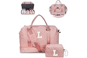 Vogewood Personalized Gifts-Initial Duffle Bag with Shoe Compartment, Personalized Weekender Bag, Monogram Overnight Bag, Letter Travel Bag with Makeup Bag，Birthday Gift for Women Girl (Letter L)