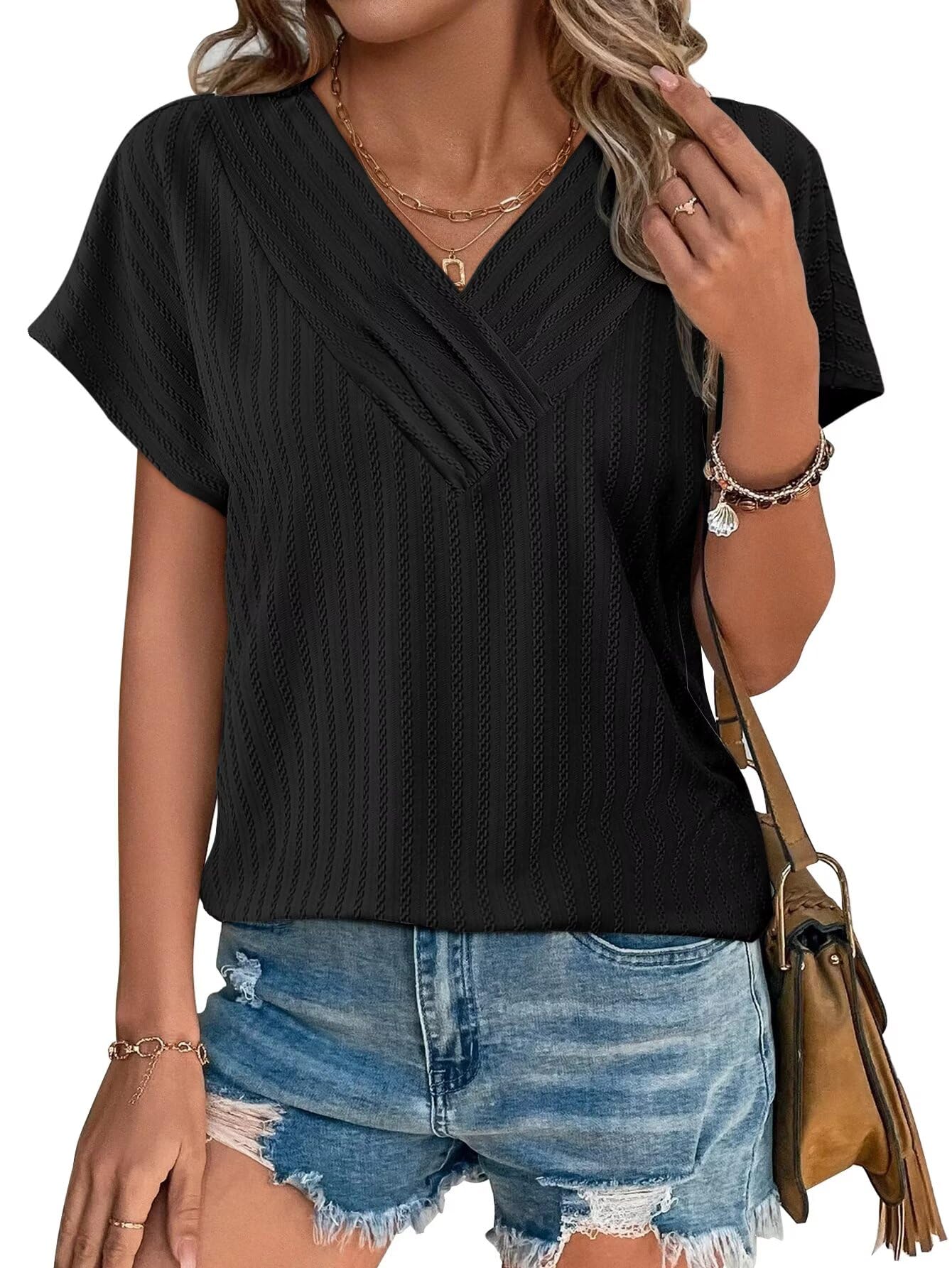 Bliwov Womens T Shirts V Neck Tops 2025 Summer Textured Short Sleeve ...