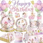 Xynic 213pcs Fairy Birthday Party Decorations for Girl, Serves 25 | No assembly disposable paper set includes 350gsm plates, pre-strung banner, waterproof tablecloths, cake decor