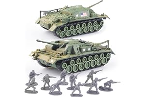 MaozyHomie WW2 Army Tank-5 and Army Men Toys Playset, 2pc US Tank Models with 10pc Toy Soldiers, Olive Drab Green 1:72 Military Vehicle, Great Military Toy for Kids Boys
