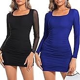 FMNNNN 2 Piece Women's Sexy Ruched Bodycon Mini Dress Mesh Long Sleeve Fall Winter Fashion Clothes 2025