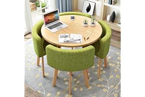 NUIPESN Office Reception Table Set for 4, Versatile Small Coffee Dining Table and Chair Set, Round/Square Furniture for Conference Room, 31.5 (Natural + Green, Round, Cotton Linen, 31.5"L*31.5"W*29.13"H)