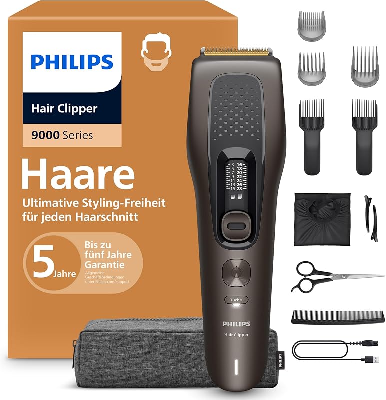 Hair Clipper Series 9000 - Haarschneider für Männer & Frauen, selbstschärfende Klingen, 28 Längen in 1-mm-Schritten, Trim-and-Flow, bis zu 180 Min. Laufzeit, 4-teiliges Barberset, HC9721/15