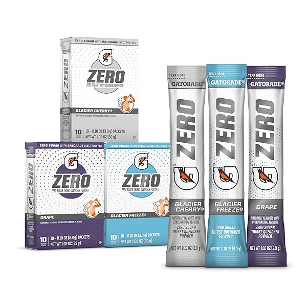 GATORADE G ZERO SPORTS DRINK MIX POWDER PACKETS, 3 FLAVOR FROST VARIETY PACK, ELECTROLYTE POWDER DRINK MIX FOR HYDRATION, ZERO SUGAR, 30 TOTAL PACKETS