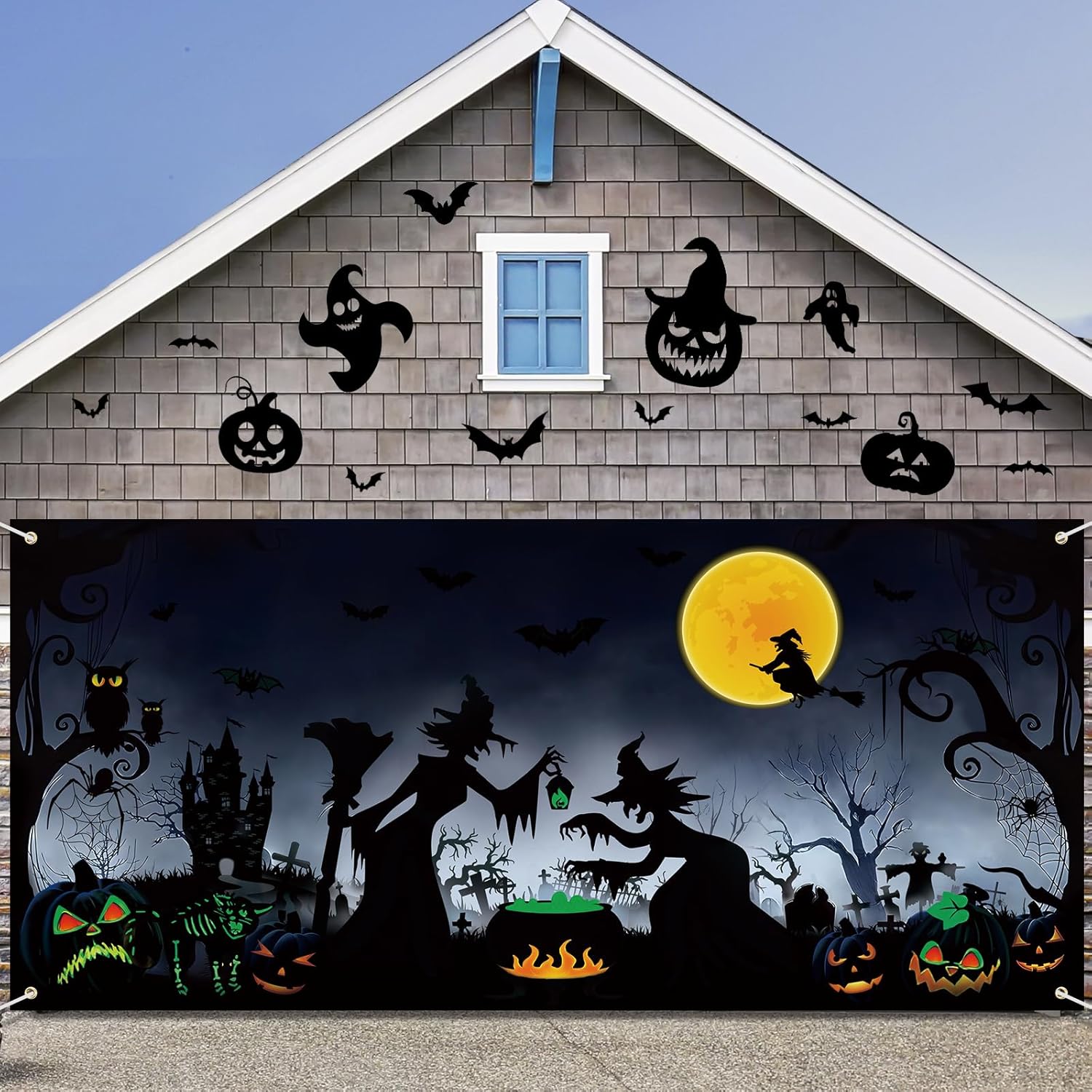 Garage Door Decorations - Preboun Halloween Garage Door Banner Cover with Grommets 6 x 13 ft Halloween Decorations Set Scary Halloween Decorations Bloody Creepy Garage Door Decorations