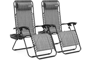SereneLife Zero Gravity Chairs Set of 2 - Adjustable Steel Mesh Lawn Chairs - Outdoor Lounge Chairs with Detachable Cup Holder Tray - Foldable Outdoor Chair with Removable Pillows - Grey