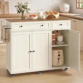 VASAGLE Mobile Kitchen Wooden Island Cart with Storage for Dining Room | Portable Mobile Cart on Wheels , 15.8 x 42.1 x 35.1 Inches, Rustic White and Honey Brown, SIREN Collection UKKI015WJ01S