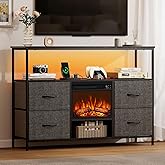 Eueiriup TV Stand with Fireplace, 4 Drawers Entertainment Center with LED Lights and Power Outlets, TV Stand Dresser for 50 Inch TV, TV Console Table with Open Shelves for Living Room, Bedroom, Black