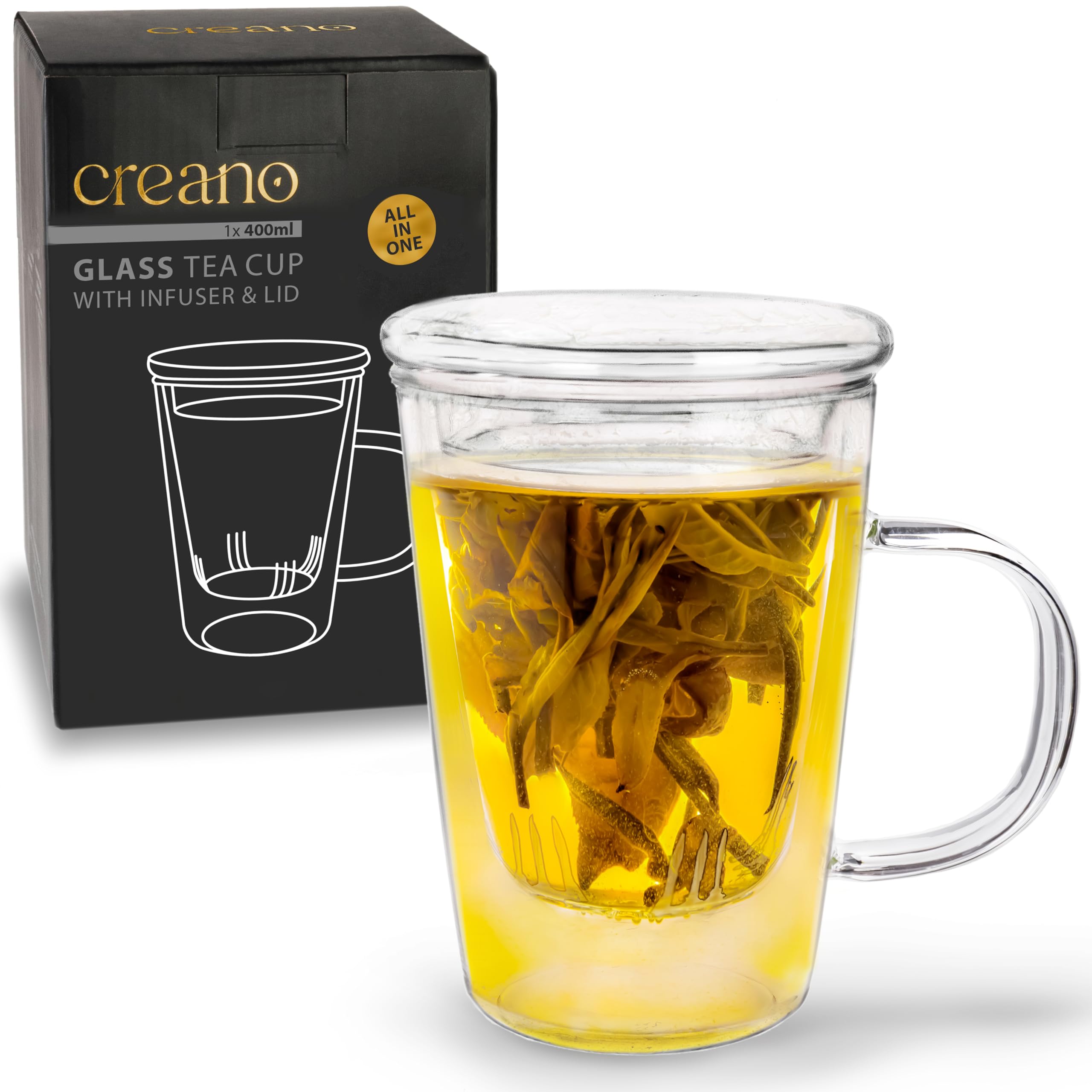Creano Tea Glass 400 ml – Large Tea Cup with Strainer and Glass Lid – an Ideal Tea Maker