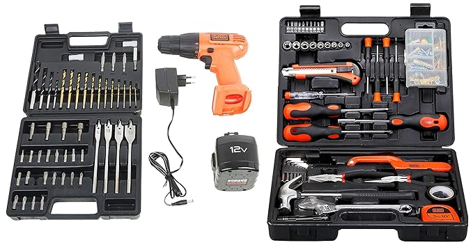 Black & Decker CD121K50 12-Volt Cordless Drill/Driver with Keyless Chuck and 50 Accessories Kit + BLACK+DECKER BMT126C Hand Tool Kit (126-Pieces), Orange and Black