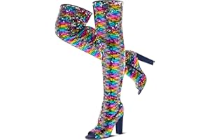 KHPAERMEI Sparkly Thigh High Boots for Women Sexy Sequin Over The Knee High Boots Party Prom Open Toe Chunky High Heels