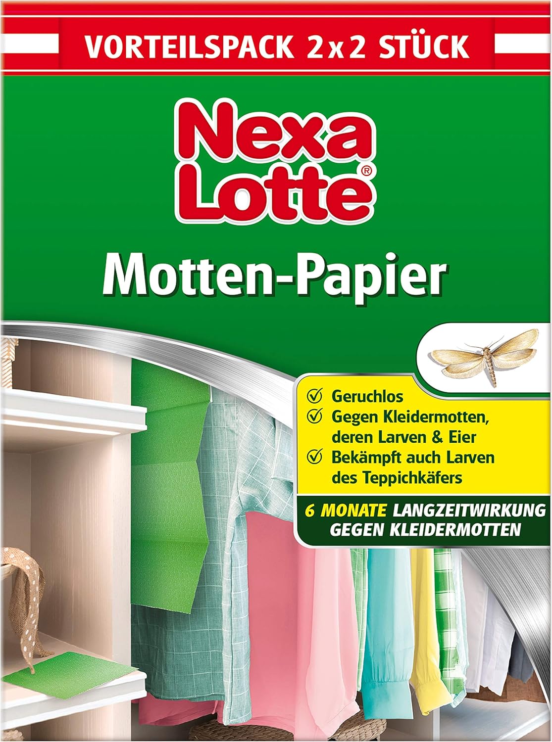 Nexa Lotte Mottenschutzpapier, Schützt effektiv bis zu 6 Monate vor Kleidermotten und Pelzkäferlarven, Vorteilspack 2x2 Streifen
