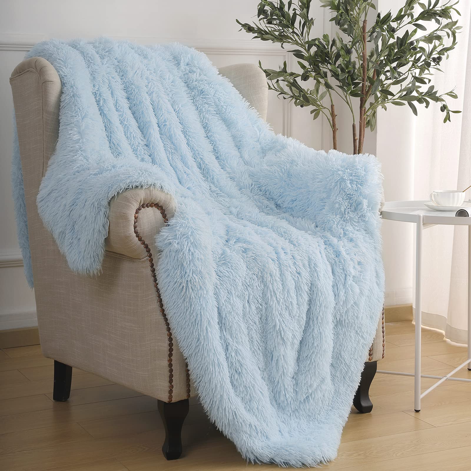 Photo 1 of BENRON Light Blue Throw Blankets, Super Soft Shaggy Fuzzy Sherpa Blankets, Cozy Warm Lightweight Fluffy Faux Fur Blankets for Bed Couch Sofa Photo Props Home Decor, Washable 60"x80"