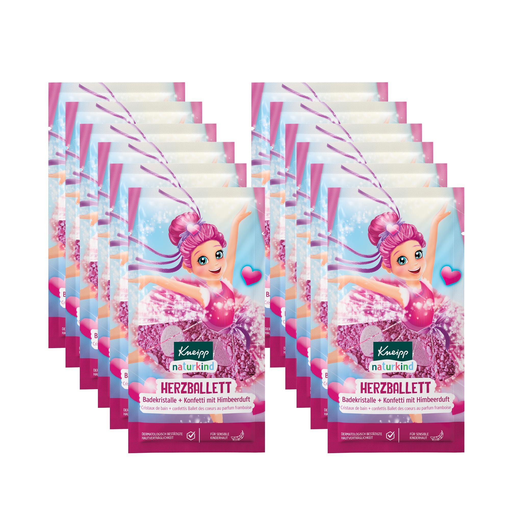 Kneipp naturkind Badekristalle + Konfetti Herzballett - Badezusatz mit Himbeerduft - Für sensible Kinderhaut - 12 x 40g