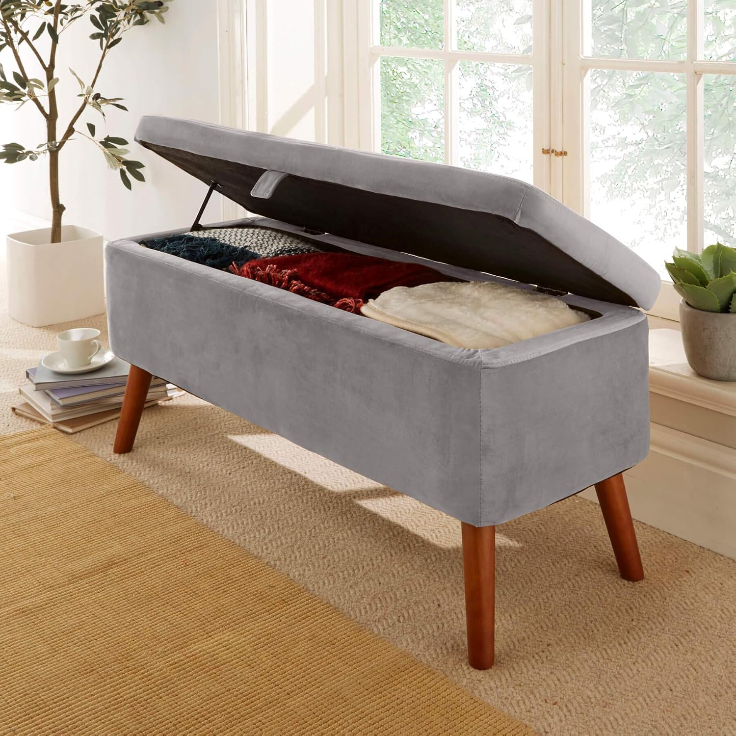 Home Source Storage Ottoman Storage Chest, Velvet Bedding Box, Wooden Legs, Grey, 40D x 110W x 45H cm - Image 3