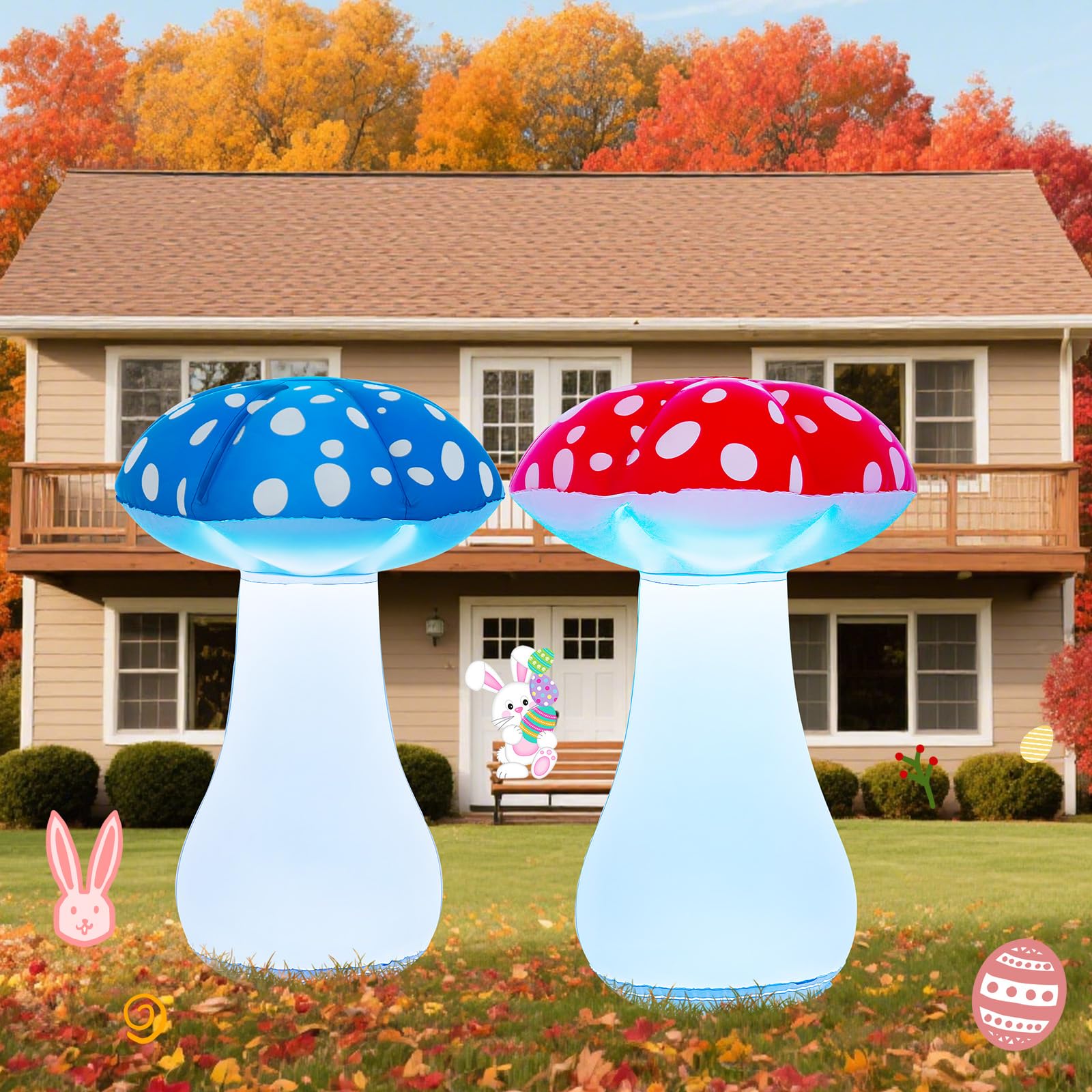 Photo 1 of 2 Pcs 32 Inch LED Light up Mushroom Inflatables Halloween Decorations Lighted Blow up Mushroom Yard Decor, Fairy Garden Forest Party Decor Outdoor Lawn Display for Halloween (Red and Blue)
