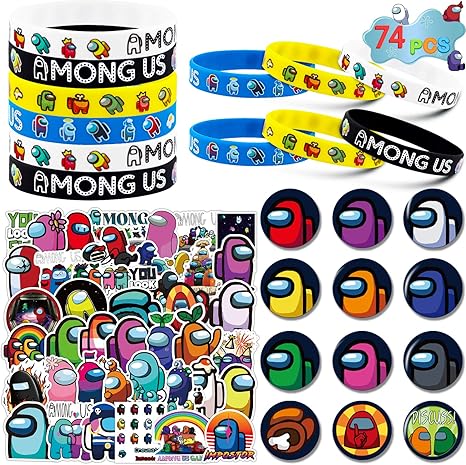 Amazon Com Among Us Merch 74 Pack Birthday Party Supplies Favors Gifts Set Include 12 Bracelets 12 Button Pins 50 Stickers For Video Game Among Us Fans Kids Kitchen Dining