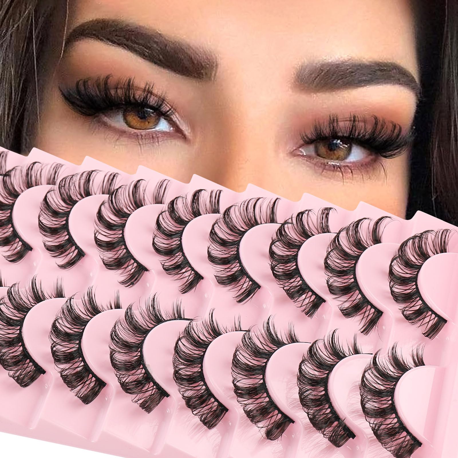 False Eyelashes Natural Look Russian Strip Lashes Faux Mink D Curl Fake Eyelashes Wispy Fluffy Volume 3D Effect Cat Eye Lashes Reusable Handmade Soft Lightweight 10 Pairs