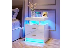 HNEBC Auto LED Nightstand with Wireless Charging Station & USB Ports,High Gloss Bedside Tables with 2 Drawers,Floating Nightstand with 3 Color & Adjustable Brightness Embedded LED Light Strip