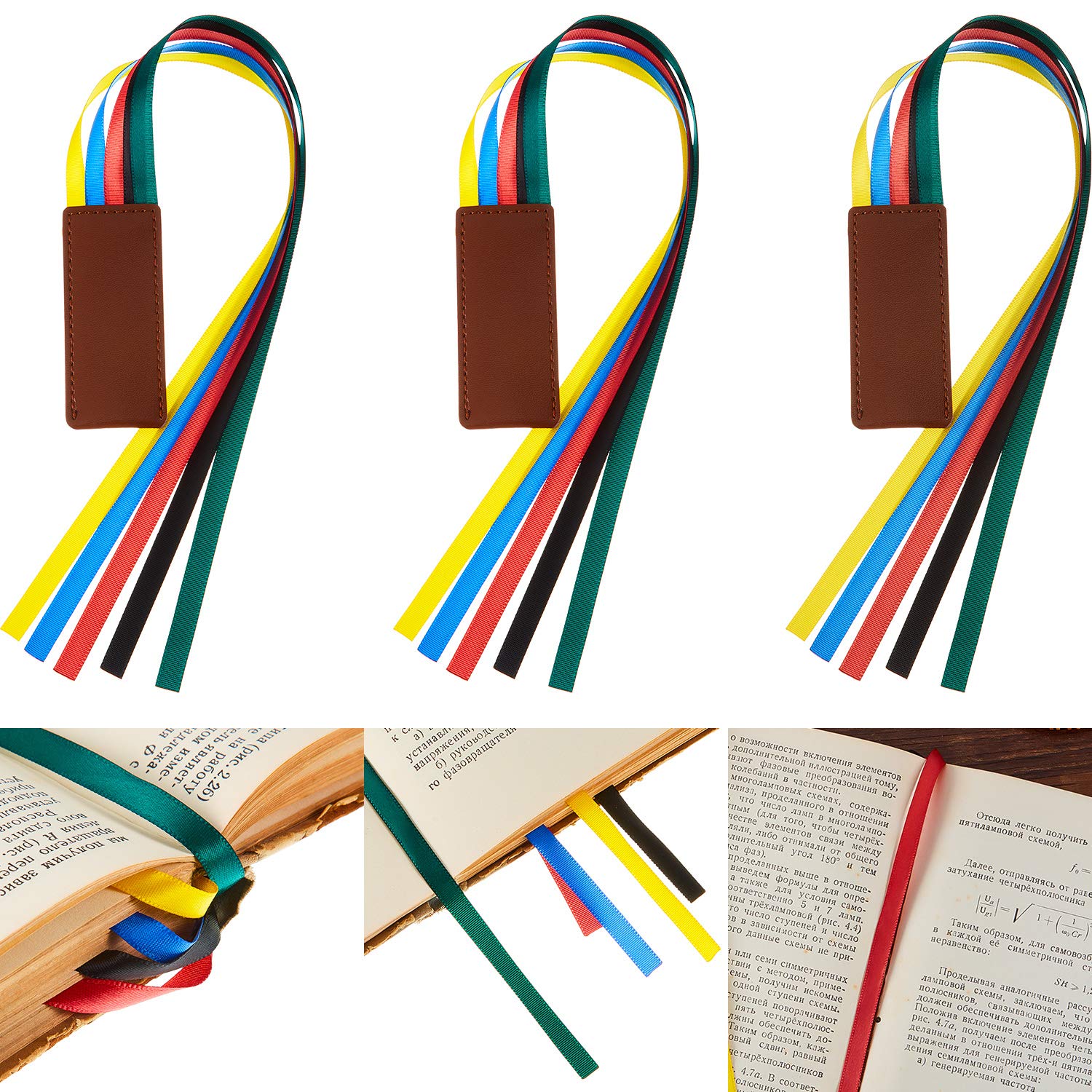 Ribbon Bookmark Ribbon Markers Artificial Leather Bookmark with Colorful Ribbons for Books (3 Pieces)