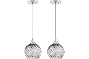CJY CHENJINYAN 1 Light Hanging Indoor Kitchen Island Pendant Light 6.3" Stripe Wave Glass Pendant Ceiling Light Fixture,Brushed Nickel Finish Modern Farmhouse Dinning Over Sink (Grey Glass, 2 Pack)