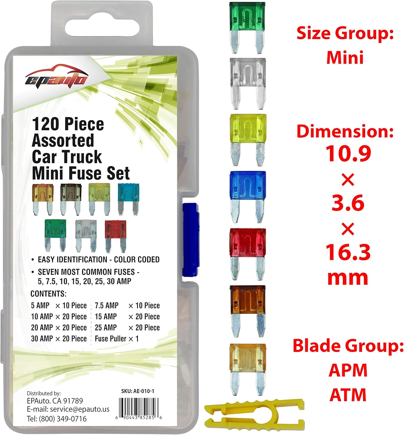 120 Pieces - EPAuto Assorted Car Truck Mini Blade Fuse Set (5/7.5/10 / 15/20 / 25/30 AMP): Automotive
