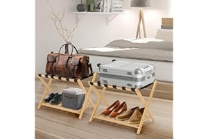 Lynxor 2-Pack Folding Luggage Racks, Foldable Bamboo Suitcase Stand with Storage Shelf, Luggage Holder with 6 Nylon Straps for Hotel Guest Room Bedroom, Nature 2Pcs