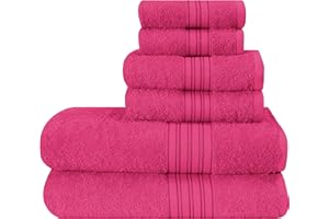 BOUTIQUO 6 Pack Cotton Towel Set, Contains 2 Bath Towels 28x55 inch, 2 Hand Towels 16x24 inch & 2 Wash Coths 12x12 inch, Ideal Everyday use, Ultra Soft Compact & Lightweight - Hot Pink