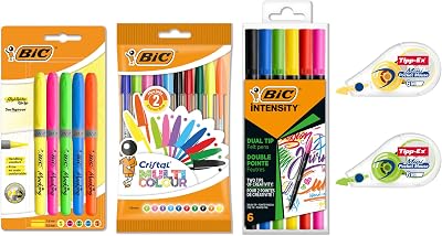 Kit Multicolore avec Rubans Correcteurs Mini Pocket Mouse, Stylos-bille Cristal Multicolour, Surligneurs Highlighter Grip et Feutres Intensity Dual Tip - Couleurs assorties, Pack de 23